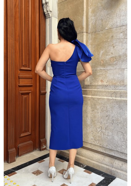 Atlas Kumaş Omuz Organze Detaylı Kalem Elbise - Saks Mavi indirimleri