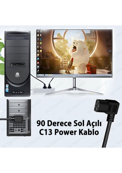 90 Derece Sol Açılı Pc Monitör Tv Printer Power Güç Kablosu - 1.8 Metre