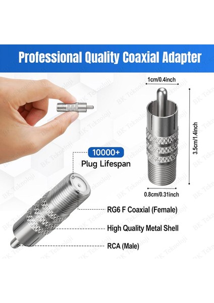 F Tipi Dişi - Rca Erkek Koaksiyel Kablo Ses Adaptörü Konnektörü - 2 Adet indirimleri