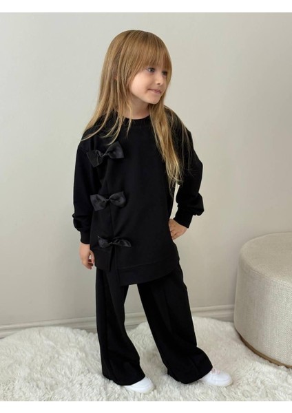 Kız Çocuk Siyah Sweatshirt Siyah Fiyonk Detaylı Eşofman Takımı 5019S