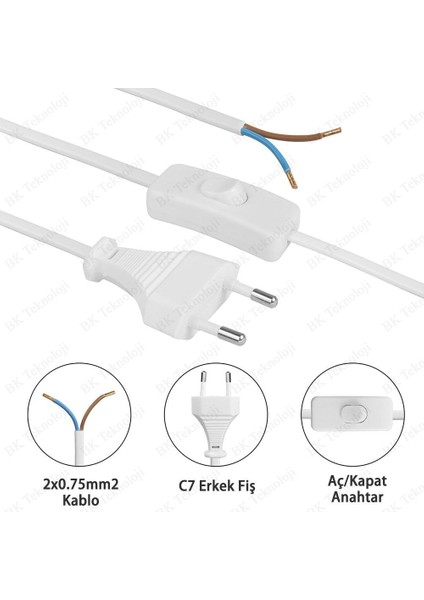220 Volt Anahtarlı Fişli Açık Uçlu Güç Kablosu 1 Metre Beyaz fiyatları