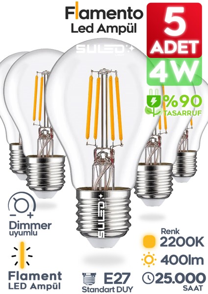 Flamento Rustik Ampül E27 Duy 220V Dimmer Uyumlu %90 Tasarruflu Ev Cafe Aplik Abajur Tavan Ampül
