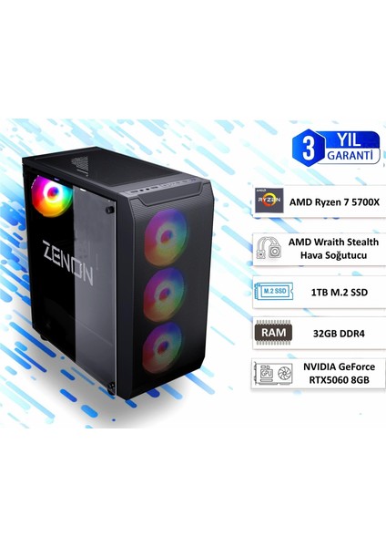 Gaming LWL102 Ryzen 7-5700X 32GB 1tbssd RTX5060 650W Freedos Masaüstü Bilgisayar