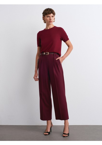 72178 Kemerli Cep Kapaklı Yüksek Bel Pantolon-Bordo modelleri