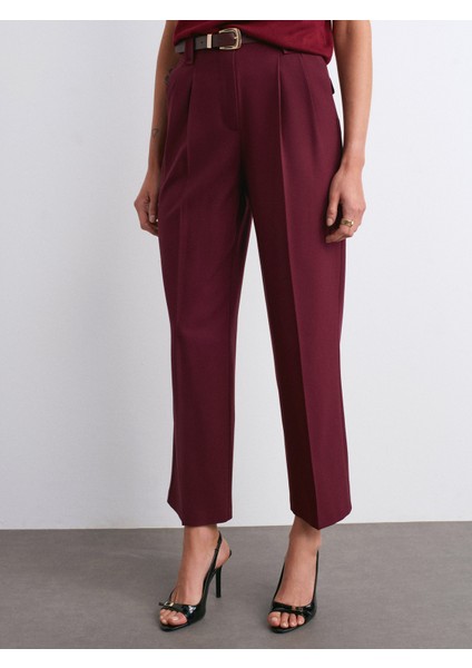 72178 Kemerli Cep Kapaklı Yüksek Bel Pantolon-Bordo indirimleri