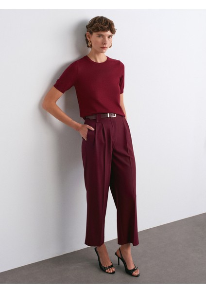 72178 Kemerli Cep Kapaklı Yüksek Bel Pantolon-Bordo