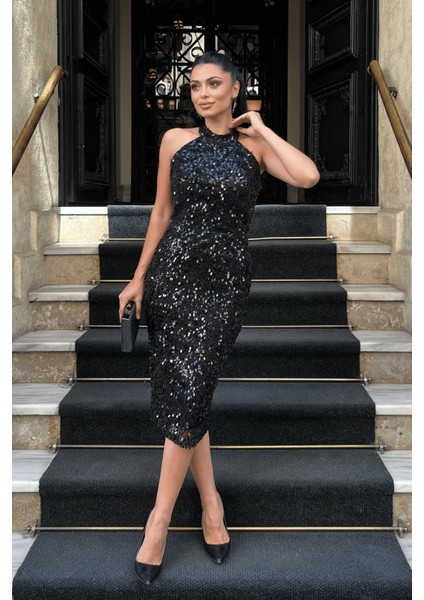 Boncuklu Kumaş Boyundan Bağlamalı Kalem Elbise - Siyah fiyatları