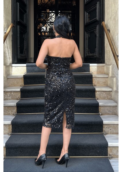 Boncuklu Kumaş Boyundan Bağlamalı Kalem Elbise - Siyah indirimleri