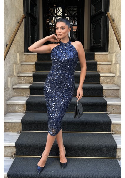 Boncuklu Kumaş Boyundan Bağlamalı Kalem Elbise - Lacivert fiyatları