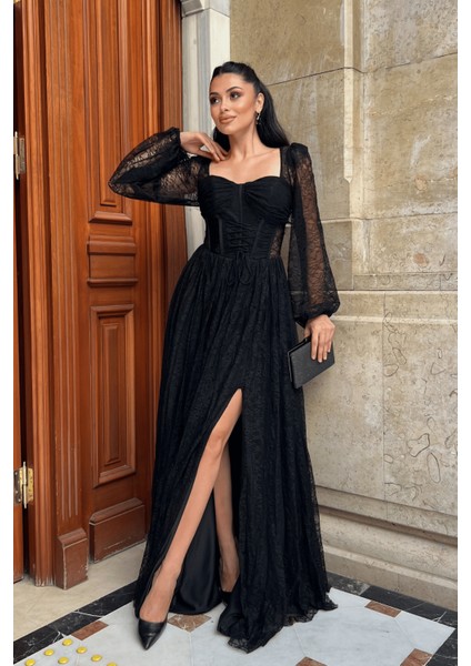 Dantel Kumaş Balen Detaylı Abiye Elbise - Siyah