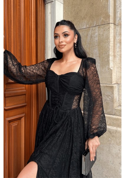 Dantel Kumaş Balen Detaylı Abiye Elbise - Siyah modelleri