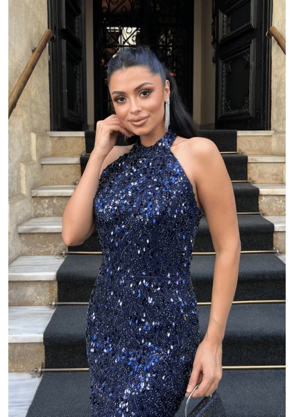 Boncuklu Kumaş Boyundan Bağlamalı Kalem Elbise - Lacivert modelleri