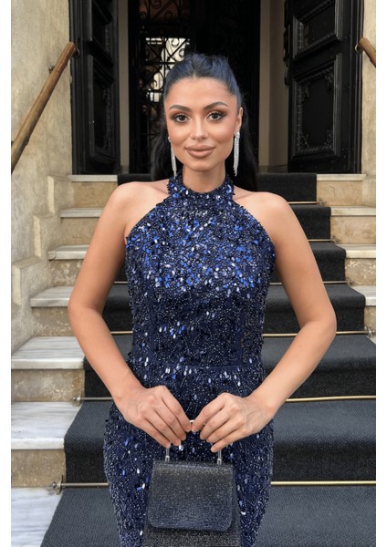 Boncuklu Kumaş Boyundan Bağlamalı Kalem Elbise - Lacivert fırsatları