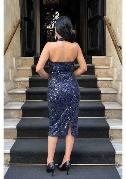 Boncuklu Kumaş Boyundan Bağlamalı Kalem Elbise - Lacivert indirimleri