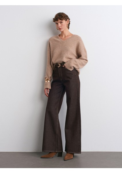 72033 Geniş Kalıp Renkli Denim Pantolon-Koyu Kahve