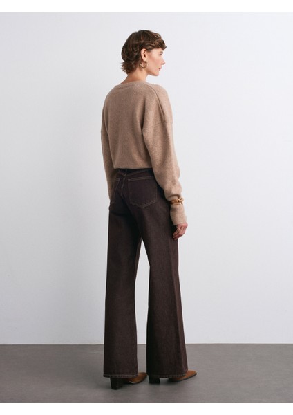 72033 Geniş Kalıp Renkli Denim Pantolon-Koyu Kahve fiyatları