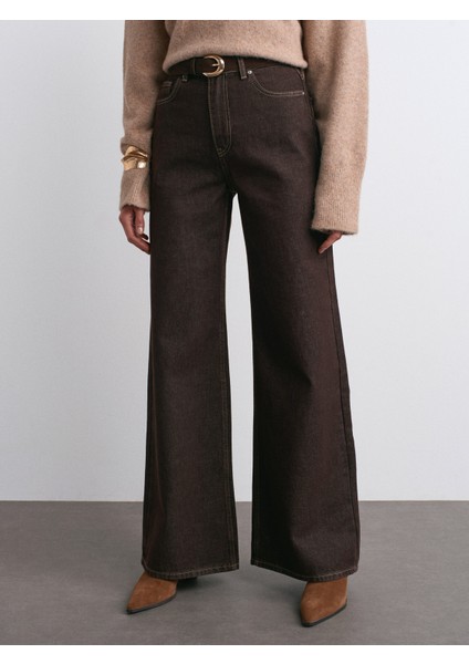 72033 Geniş Kalıp Renkli Denim Pantolon-Koyu Kahve indirimleri