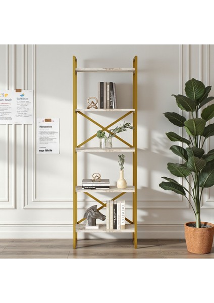 Atlantis Gold Metal Kitaplık 5 Raflı 175CM Mermer Desen