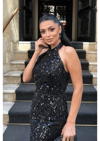 Boncuklu Kumaş Boyundan Bağlamalı Kalem Elbise - Siyah fırsatları