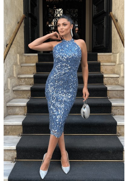 Boncuklu Kumaş Boyundan Bağlamalı Kalem Elbise - Indigo Mavi fiyatları