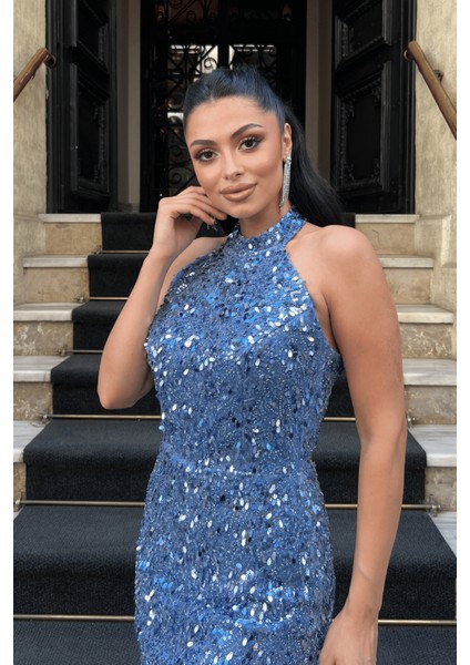 Boncuklu Kumaş Boyundan Bağlamalı Kalem Elbise - Indigo Mavi modelleri