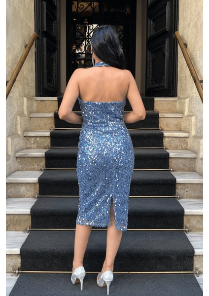 Boncuklu Kumaş Boyundan Bağlamalı Kalem Elbise - Indigo Mavi indirimleri