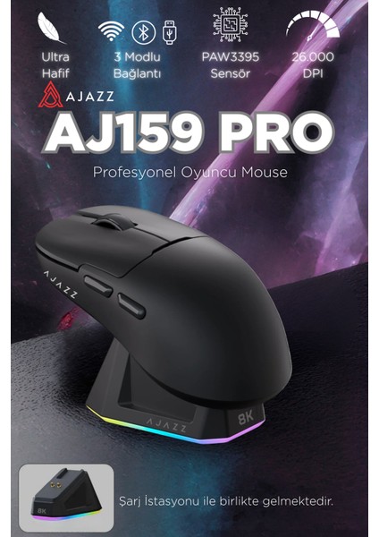 AJ159 Pro Kablosuz (3 Modlu) 8K-26.000DPI Oyuncu Mouse PAW3395 Sensör Rgb Manyetik Şarj Istasyonu