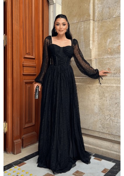 Dantel Kumaş Balen Detaylı Abiye Elbise - Siyah fiyatları