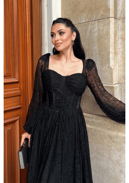 Dantel Kumaş Balen Detaylı Abiye Elbise - Siyah fırsatları