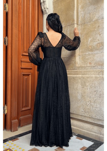 Dantel Kumaş Balen Detaylı Abiye Elbise - Siyah indirimleri