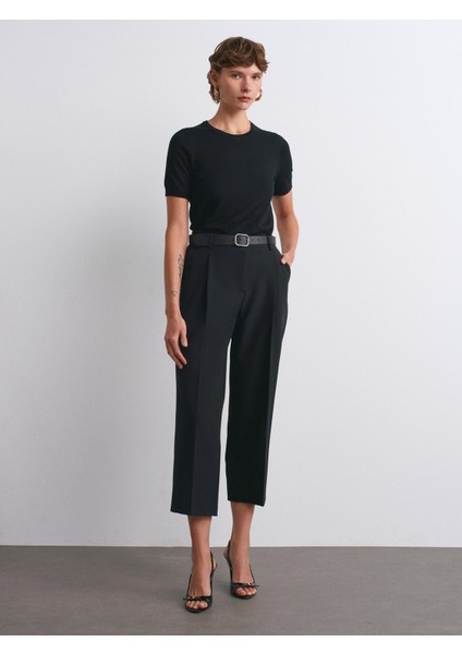 72167 Kemerli Pensli Pantolon-Siyah