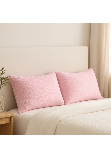 4 Katlı Müslin Toz Pembe Renk 50X70 Cm. %100 Pamuklu 2 Adet Yastık Kılıfı