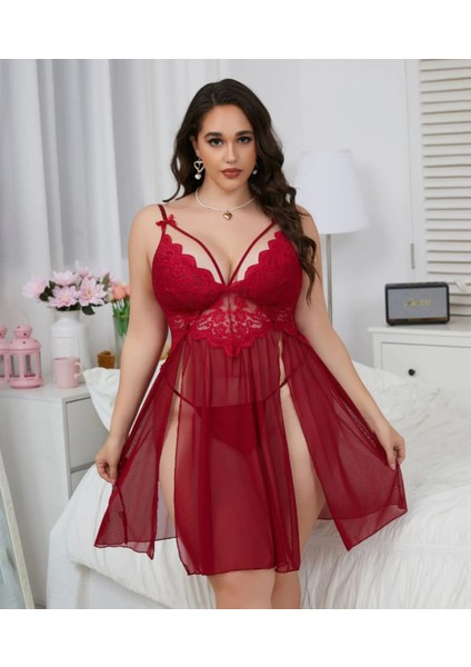 Kadın Bordo Fantezi Gecelik Fiyonklu G-Stringli Bacak Dekolteli Yırtmaçlı Dantelli Tül Transparan Şık Zarif Seksi Jartiyer Gecelik Takımı indirimleri