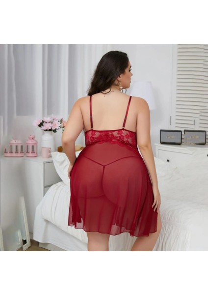 Kadın Bordo Fantezi Gecelik Fiyonklu G-Stringli Bacak Dekolteli Yırtmaçlı Dantelli Tül Transparan Şık Zarif Seksi Jartiyer Gecelik Takımı