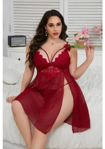 Kadın Bordo Fantezi Gecelik Fiyonklu G-Stringli Bacak Dekolteli Yırtmaçlı Dantelli Tül Transparan Şık Zarif Seksi Jartiyer Gecelik Takımı