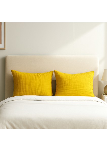 4 Katlı Müslin Hardal Renk 50X70 Cm. %100 Pamuklu 2 Adet Yastık Kılıfı