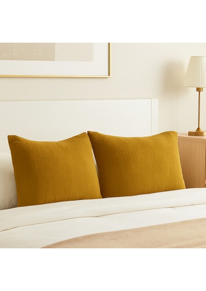 4 Katlı Müslin Hardal Renk 50X70 Cm. %100 Pamuklu 2 Adet Yastık Kılıfı