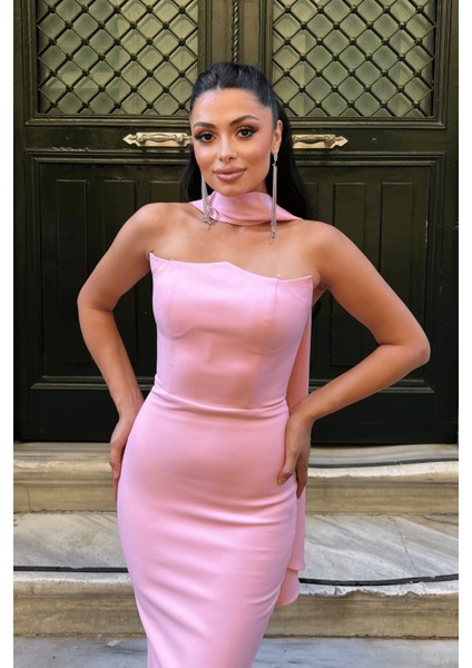 Atlas Kumaş Straplez Şal Detaylı Abiye Elbise - Pembe modelleri