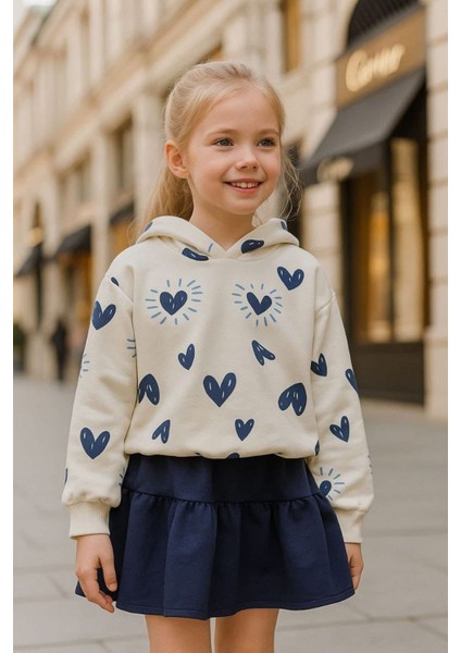 Kalp Baskılı Kapüşonlu Kız Çocuk Etekli takım - Mavi