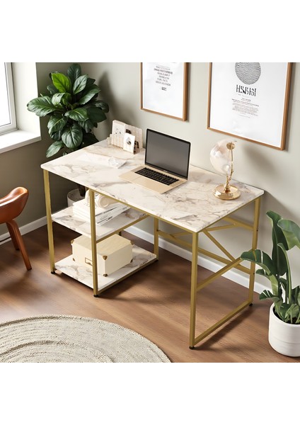 Gold Metal Çalışma Masası Raflı 120CM Mermer Desen
