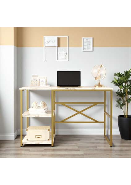 Gold Metal Çalışma Masası Raflı 120CM Mermer Desen fiyatları