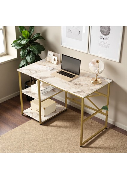 Gold Metal Çalışma Masası Raflı 120CM Mermer Desen modelleri