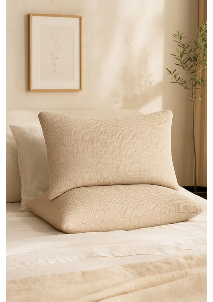 4 Katlı Müslin Vizon Renk 50X70 Cm. %100 Pamuklu 2 Adet Yastık Kılıfı