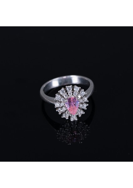 Kalp Detaylı Pembe ve Beyaz Zirkon Taşlı 925 Ayar Gümüş Kadın Yüzük, Parmağa Göre Ayarlanır 3.96 gr