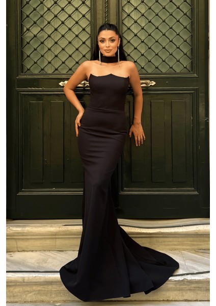 Atlas Kumaş Straplez Şal Detaylı Abiye Elbise - Siyah