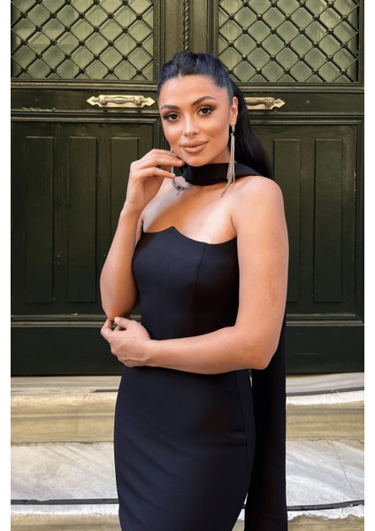 Atlas Kumaş Straplez Şal Detaylı Abiye Elbise - Siyah modelleri