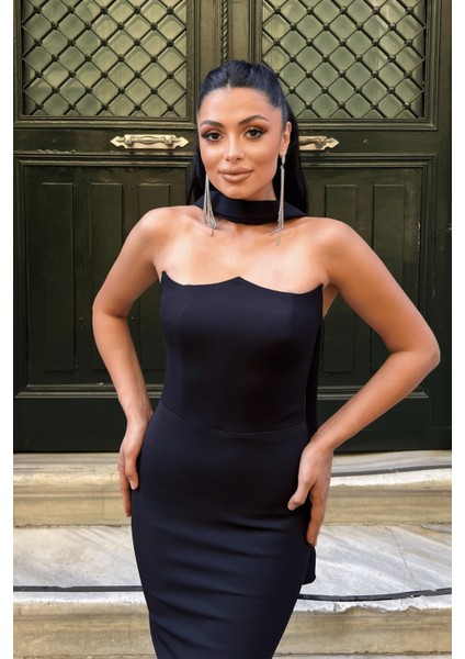 Atlas Kumaş Straplez Şal Detaylı Abiye Elbise - Siyah fırsatları