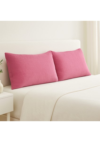 4 Katlı Müslin Pembe Renk 50X70 Cm. %100 Pamuklu 2 Adet Yastık Kılıfı