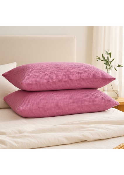4 Katlı Müslin Pembe Renk 50X70 Cm. %100 Pamuklu 2 Adet Yastık Kılıfı modelleri