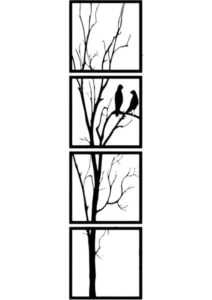 Kuş ve Dal Lazer Kesim Metal 4 Parça Duvar Dekoru